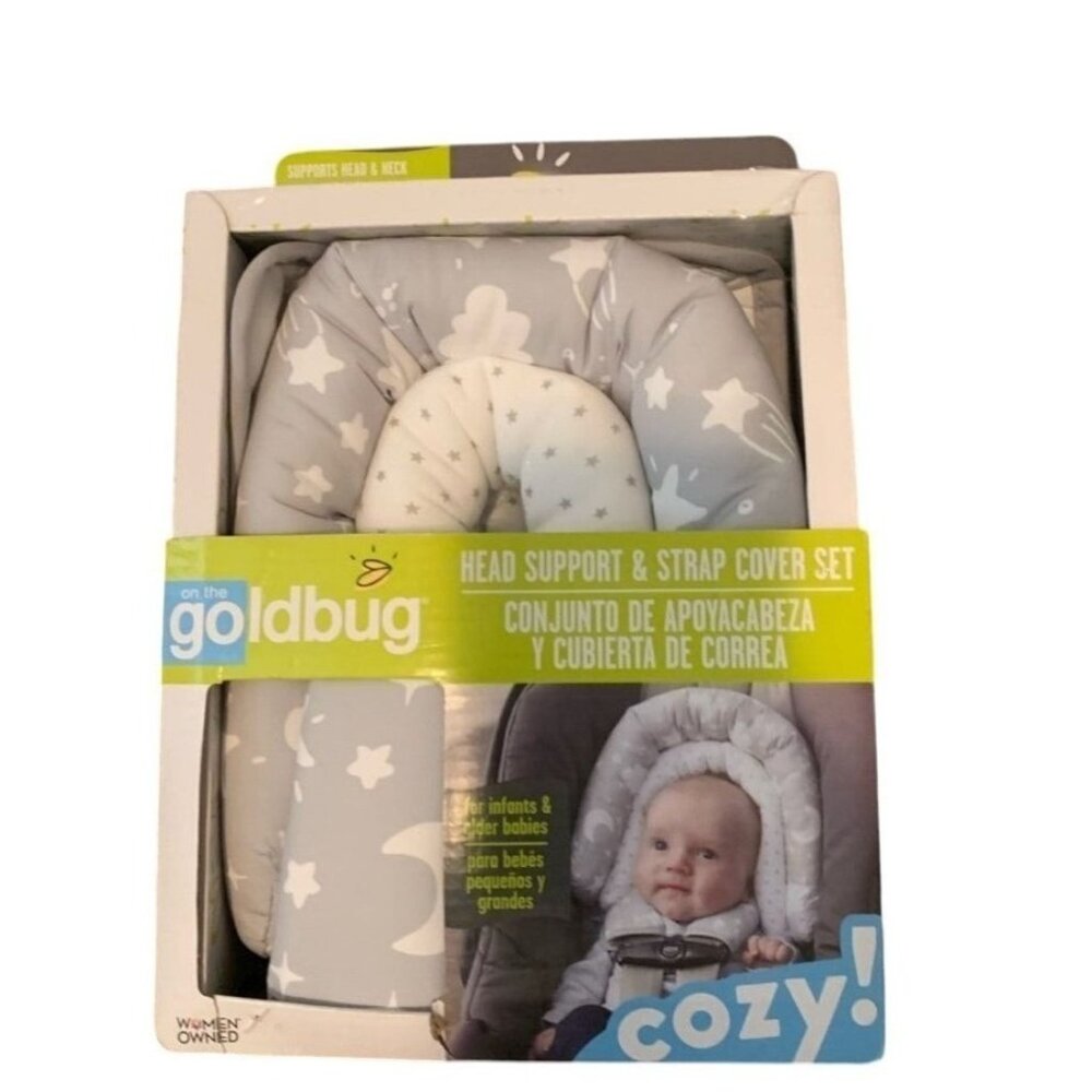 Goldbug Infant Head Support & Strap Cover Set Gray Star Pattern For Car Seats &
